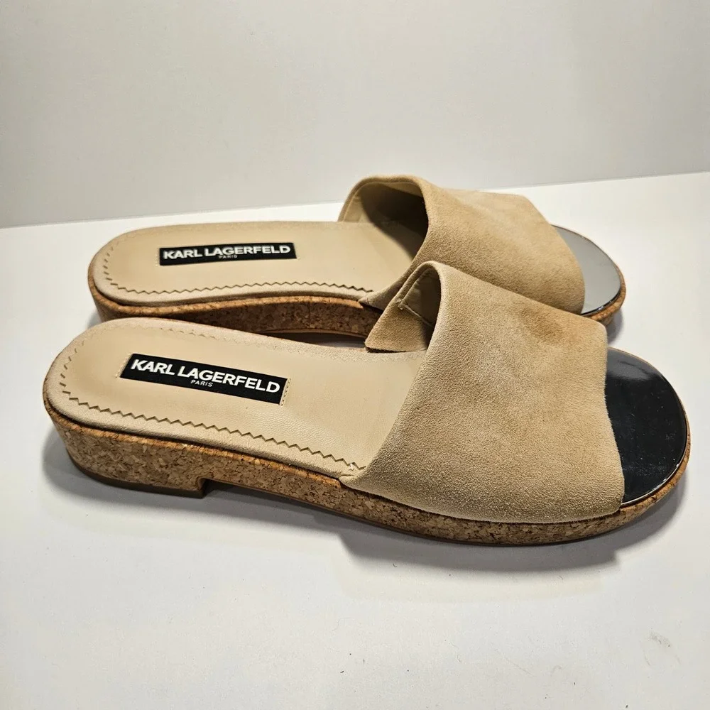 Karl Lagerfeld Paris Cher Tan Suede Cork Platform Slide Sandals‎ 8.5M 39B